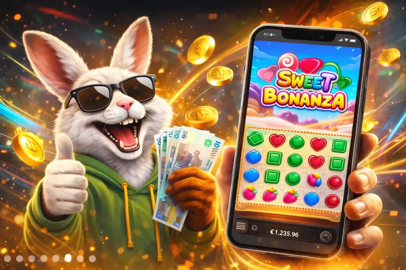 Mobiilipelit kani Kani pelaa Sweet Bonanza peliä puhelimella ja juhlii voittoa