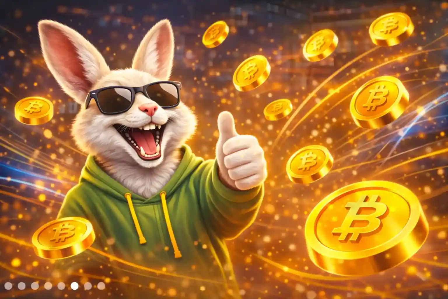 Nettikasino kettu tyyli Iloinen kani ja lentävät bitcoin kolikot kirkkaassa kasinoympäristössä