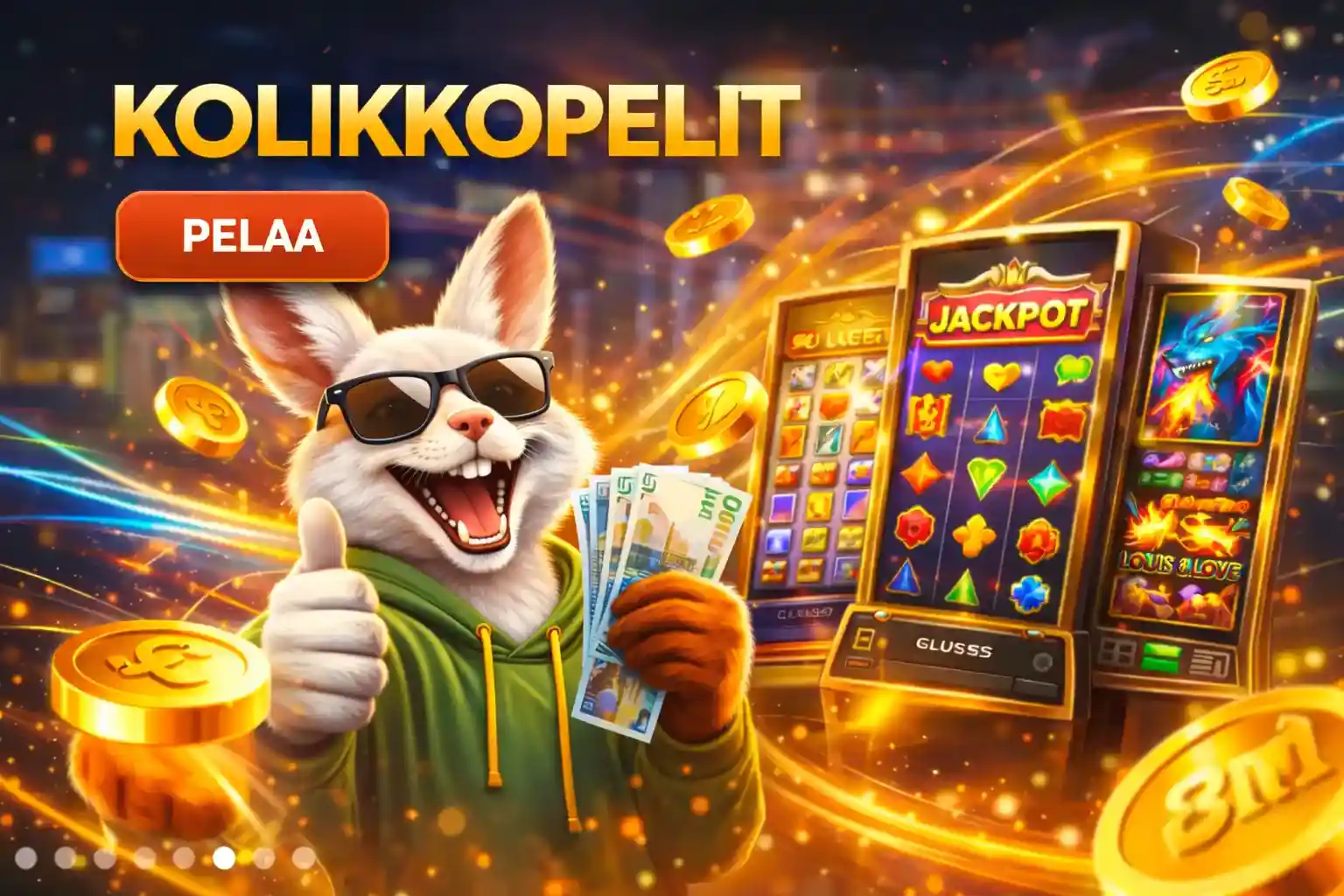 Kani esittelee kolikkopelejä ja pitää rahaa käsissään iloisena