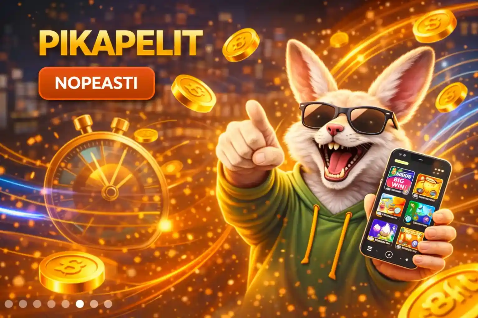 Kani pelaa pikapelejä nopeasti mobiililaitteella hymyillen
